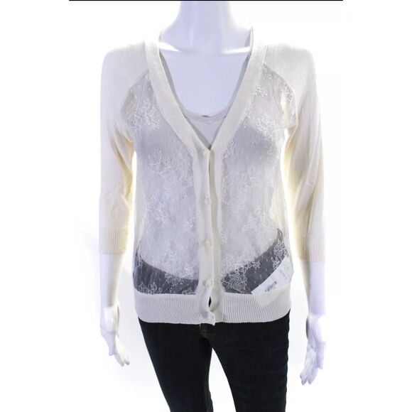 Anthropologie Erin Fetherston Womens 3/4 Sleeve Lace Front Cardigan Sweater - Picture 1 of 6
